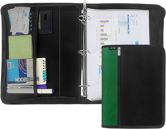 Zipper Binder 1.5 Inch Round 3-Ring Binder, Zippered Grip Pockets Storage Bag Business Office Supplies for Men Women Green (JC-AMZZB12365-Green)