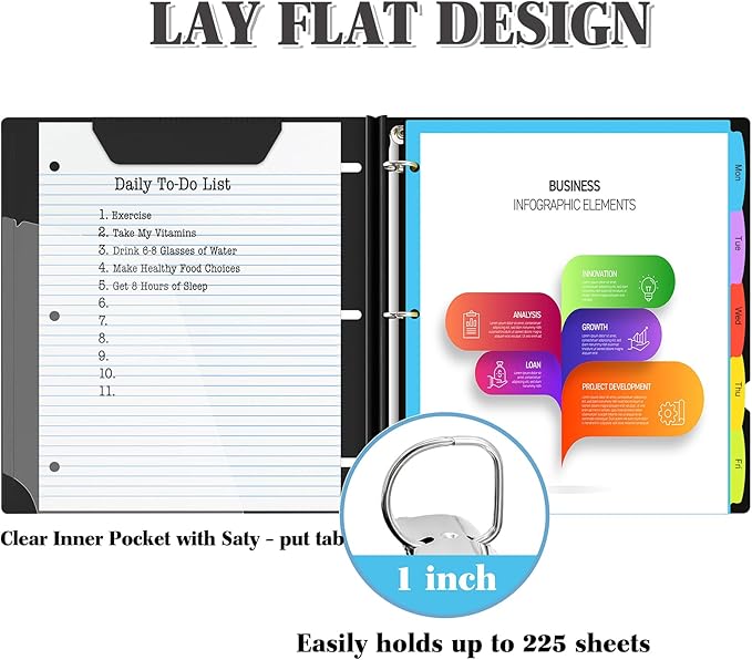 INFUN 1 Inch Telescoping Project Organizer Binder-2PCS,13 Pocket, Customizable Front Cover, 5 Colors Pocket Divider and Plastic Binder Pocket，225 Sheet Capacity-Black
