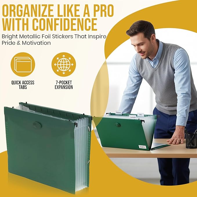 Iconikal 12-Pack Expanding Hanging File Folders with 7 Pockets, Portable Heavy-Duty Poly Organizers for Letter Size Documents, Retractable Hooks & Elastic Closure