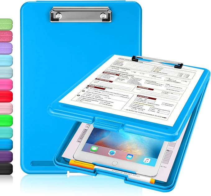 Sooez Clipboard with Storage, Plastic Storage Clipboards with Low Profile Clip, Nursing Clip Boards Foldable, Hanging Clipboard Case for Work, Teacher, Classroom Must Haves, Office School Supplies