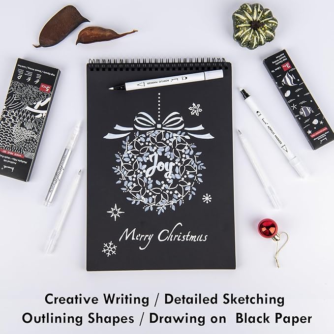 White Pens Set, 5 Pack, 1mm White Gel Pens, Dual-Tip Acrylic Paint Pen, Brush Tip Acrylic Markers for Black Paper Drawing, Sketching, Illustration, Card Making, Bullet Journaling
