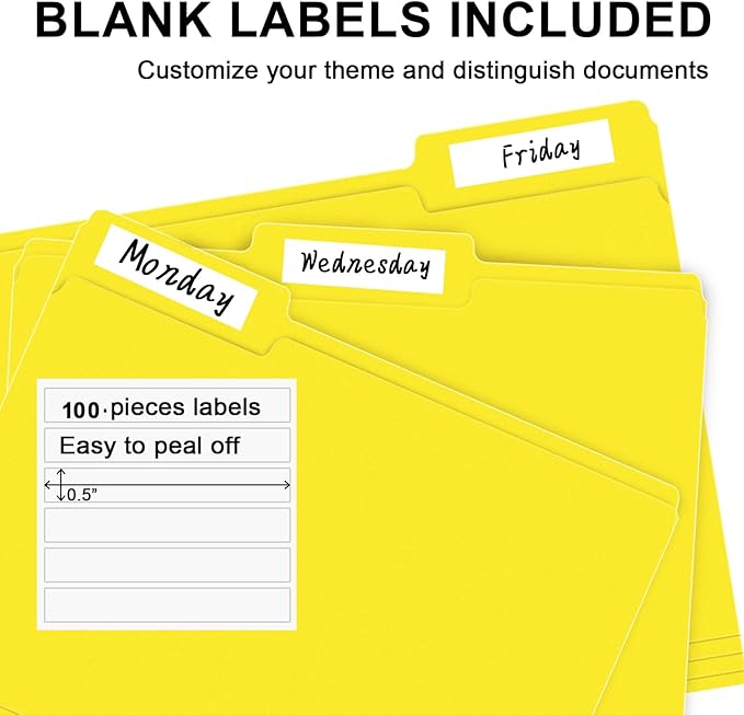 File Folders, 100-Pack, 1/3 Cut, Letter Size, Yellow, Great for Organizing and Easy File Storage