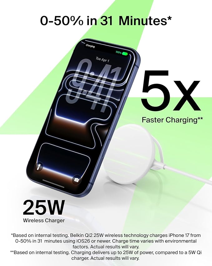 Belkin MagSafe Charger, Magnetic iPhone Charger w/ Qi2 25W, Fast Wireless Charging Pad w/Kickstand for iPhone 17 Series, Samsung Galaxy, Pixel 10, AirPods Pro, Travel - No Power Adapter, White