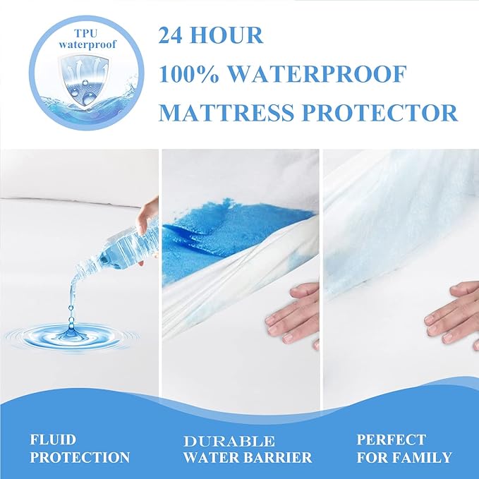 Queen Waterproof Mattress Protector - Noiseless, Breathable, Machine Washable Fitted Mattress Cover with Deep Pocket up to 5”-21”（White）