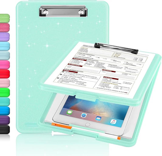 Sooez Clipboard with Storage, Plastic Storage Clipboards with Low Profile Clip, Nursing Clip Boards Foldable, Hanging Clipboard Case for Work, Teacher, Classroom Must Haves, Office School Supplies