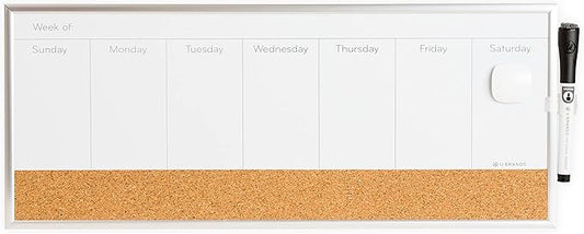 U Brands Magnetic Dry Erase/Cork Weekly Horizontal Calendar Board, 7 x 16 Inches, Silver Aluminum Frame (358U03-12)