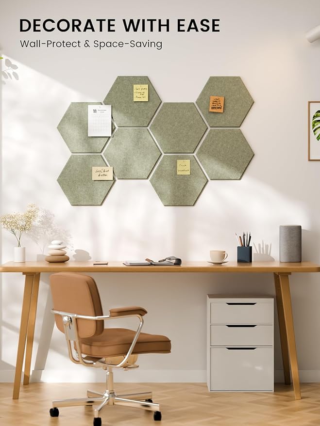 Fluxynara Hexagon Cork Board Alternative for Walls Decor-8-Pack Felt Bulletin Board Tiles,with 30 Pushpins,50 Adhesive Tabs for Office,Classrooms & Home Pin Board Felt Board-Sage