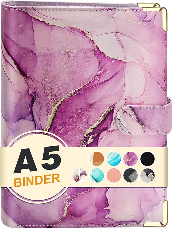 A5 Refillable 6 Ring Faux Leather Budget Binder,Mini Notebook Binder Cover for A5 Filler Paper,Loose Leaf Personal Planner Cover with Magnetic Buckle Closure(Marble Purple)
