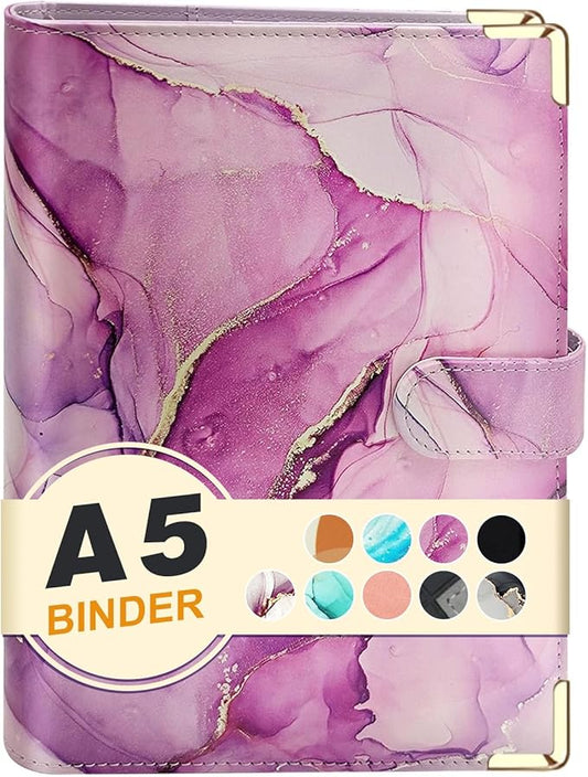 A5 Refillable 6 Ring Faux Leather Budget Binder,Mini Notebook Binder Cover for A5 Filler Paper,Loose Leaf Personal Planner Cover with Magnetic Buckle Closure(Marble Purple)