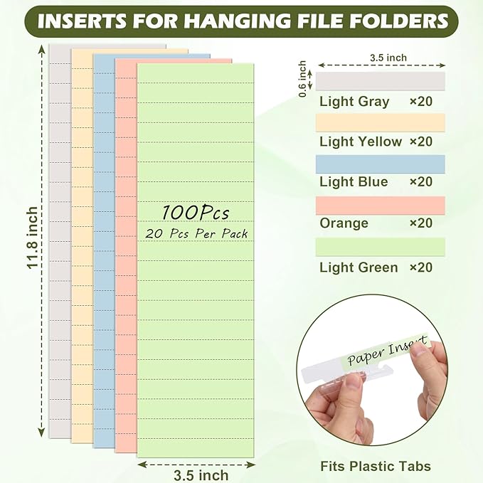 100 Pcs Hanging File Folder Tab Inserts 3.5 Inch Colored Blank File Tab Hanging File Folders Labels Paper Inserts Thick 300Gsm Cardstock for 3.5 Inch Hanging Folder Tab