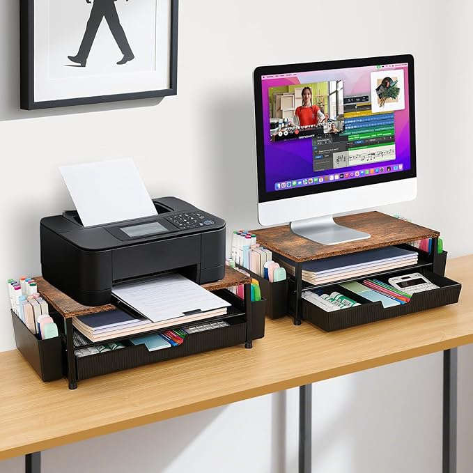 Desk Organizer and Accessories, 2-Tier Computer Monitor Stand Rise with Storage Drawer & 2 Pen Holders, Laptop & Printer Stand for Desktop, Workspace Organizers for Office Supplies (Brown)