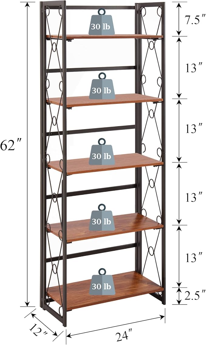 VECELO Folding Bookshelf,5 Tier Bookcase Foldable Easy Assembly, Industrial Book Shelf Storage Organizer with X Metal Frame and Anti-Toppling Design,1 Set
