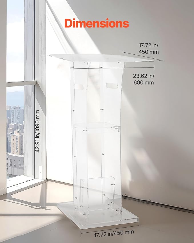 VEVOR Podium Stand, 43-Inch Acrylic Lectern, Portable Laptop Desk with Wide Reading Surface and Storage Shelf, Book Stopper, Floor-Standing, for Classroom, Wedding, Conference, Lecture and Concert