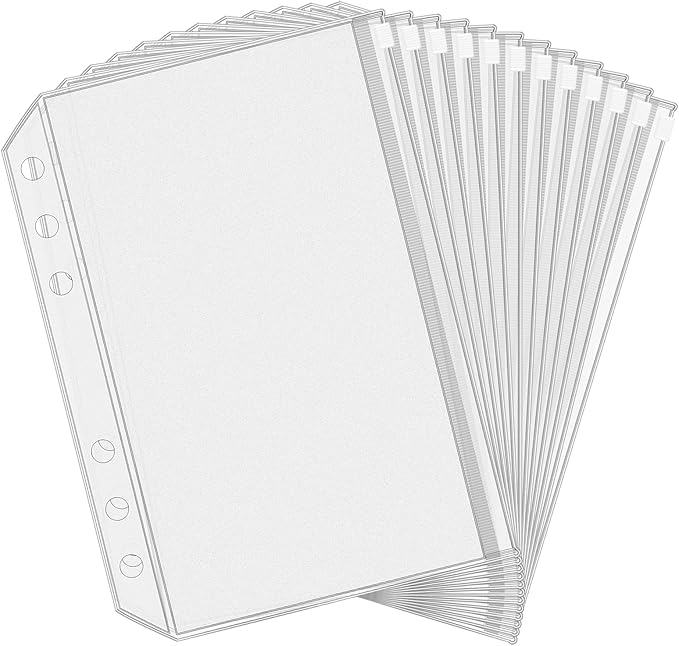 Antner 12PCS A5 Binder Pockets 6 Holes Budget Cash Envelopes for Budgeting, Clear Zipper Folders Planner Inserts Loose Leaf Bags Binder, Waterproof PVC Document Pouch Filing
