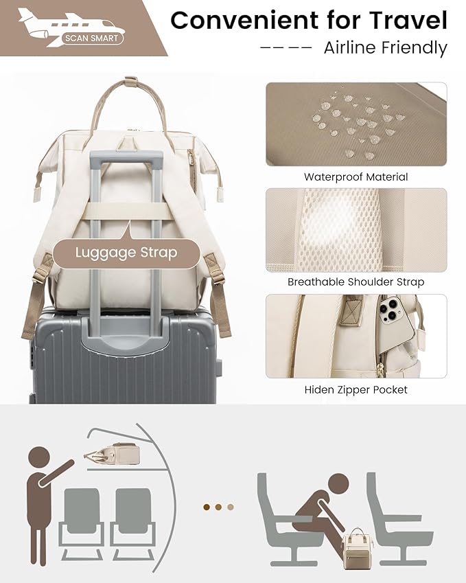 LOVEVOOK Laptop Backpack for Women, 17 Inch Work Teacher Nurse Bag, Large Capacity Business Computer Backpack Purse with USB Port, Stylish Casual Daypack for Travel,Beige&Khaki