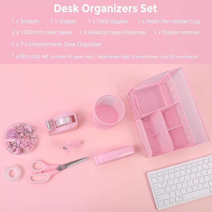 SKYDUE Pink Desk Accessories, Pink Office Supplies Set, Mesh Desk Organizer, Stapler, Tape Dispenser, Scissors, Binder/Paper Clips and 1000pcs Staples,Desk Organizer for Women