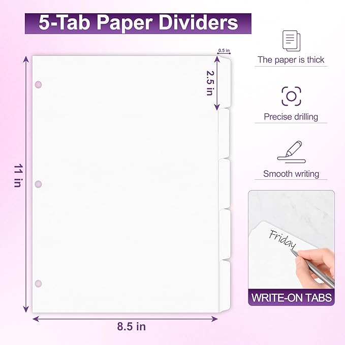 Binder Dividers with Tabs for 3 Ring Binder, 8.5 x 11 Paper Binder Dividers with Tabs 5 Tab Dividers for 3 Ring Binder, 4 Sets Page Dividers for School, Office and Home, 20 Dividers