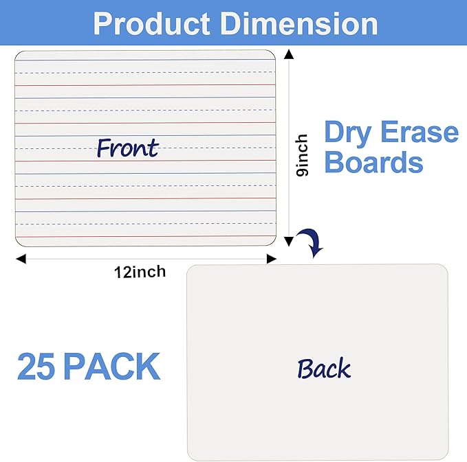 Dry Erase Boards 25 Pack, Double Sided Small Whiteboards with Lines for Kids, Students, Teacher & Classroom Pack, 9"x12" Mini Individual White Boards Lined for Writing Math English Practice