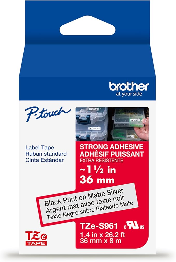 Brother Genuine P-Touch TZe Black Print on Matte Silver Label Tape (TZeS961), Strong Adhesive Laminated,1-1/2in x 26.2ft (36mm x 8m), for Select P-Touch Label Makers, Water-Resistant, Extra Strength