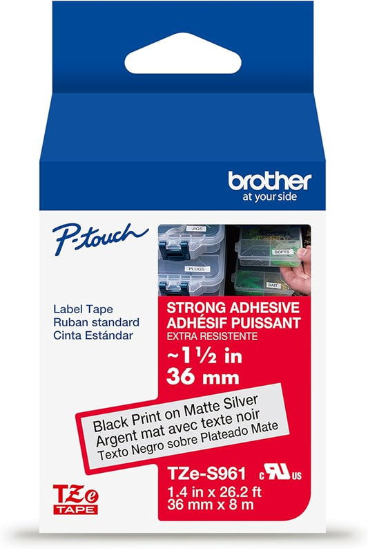Brother Genuine P-Touch TZe Black Print on Matte Silver Label Tape (TZeS961), Strong Adhesive Laminated,1-1/2in x 26.2ft (36mm x 8m), for Select P-Touch Label Makers, Water-Resistant, Extra Strength