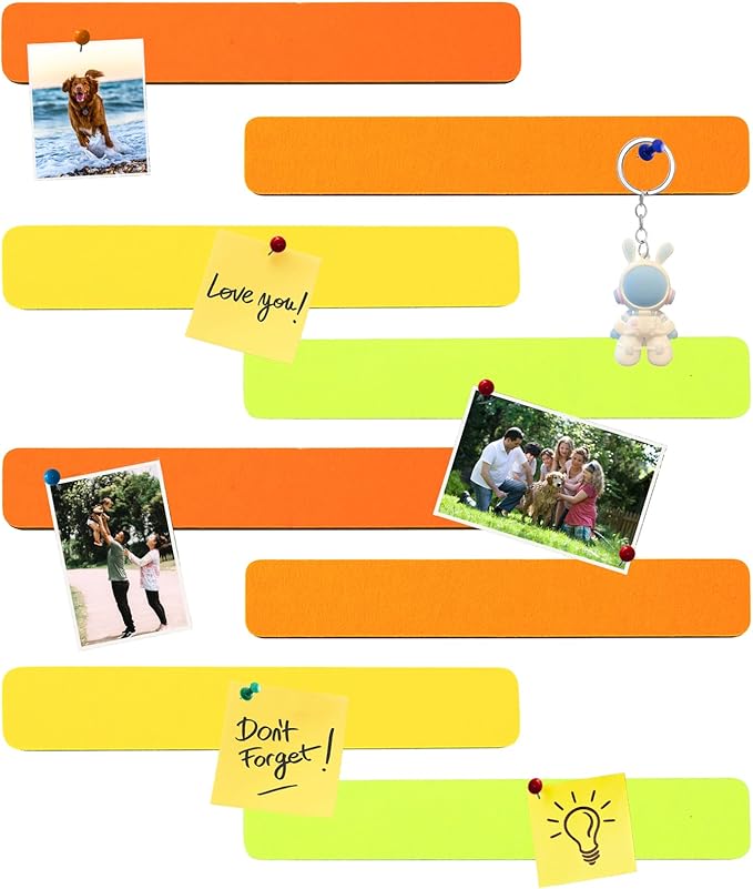 8Pcs Rectangle Felt Cork Board Bar Strips with 35 Pushpins, Self-Adhesive Bulletin Board Strips for Office School Home Wall Decor Stickers Memos Schedules Photos Display -Gradual Orange