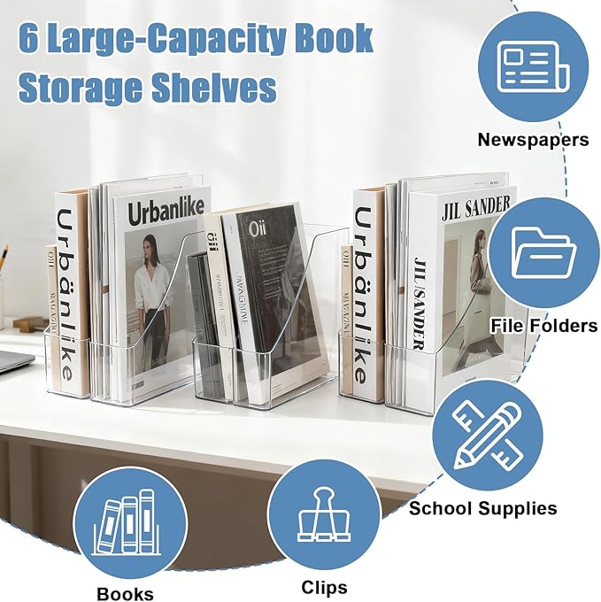 2PCS Acrylic Desk Organizers with Handle, 5 Vertical Compartments Detachable Magazine Rack, Office Desktop Workspace Organization Storage Rack for Office Home School
