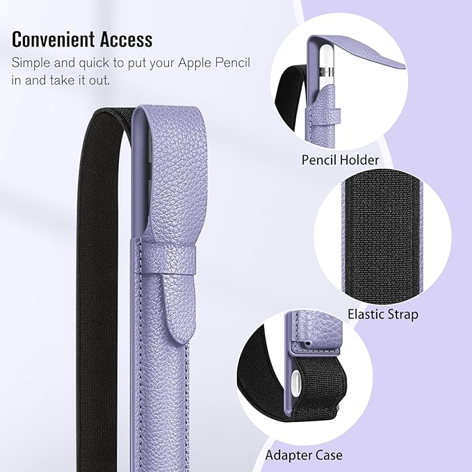 Fintie Pen Holder with USB Adapter Pocket for Apple Pencil Pro, Apple Pencil (USB-C / 1st / 2nd Generation), Elastic Vegan Leather Sleeve Pouch Compatible with iPad Case, Lilac Purple