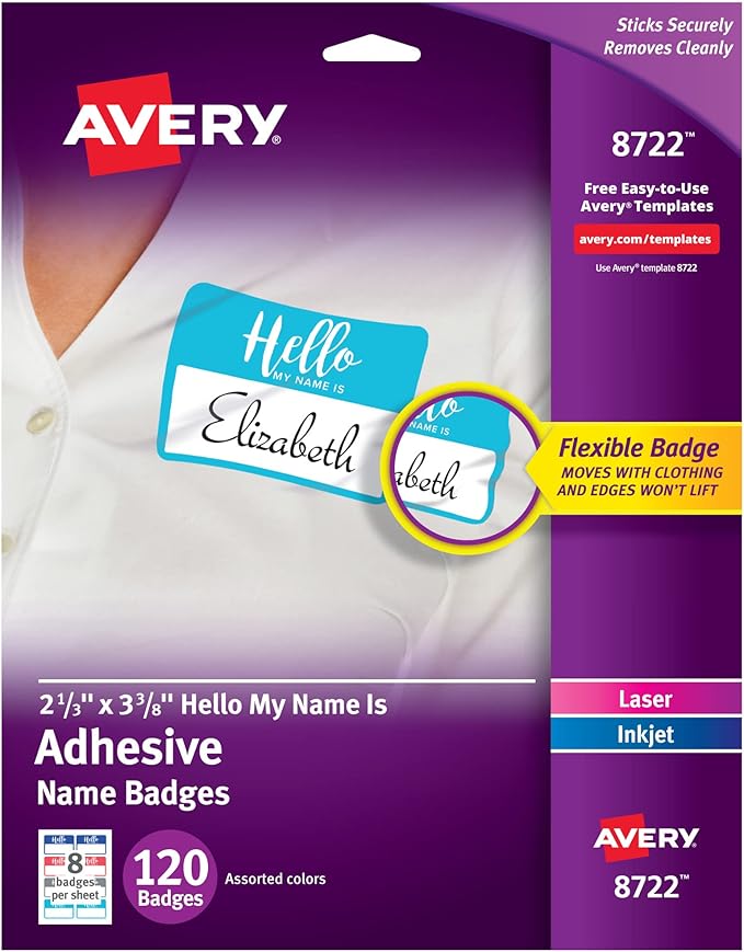 Avery Flexible Name Tags, Hello My Name is, 2-1/3" x 3-3/8", White, Assorted Colored Border, Removable Adhesive, Laser/Inkjet Printable, 120 Total (8722)