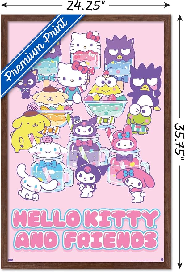 Trends International Hello Kitty and Friends: 24 Summer Fresh - Group Wall Poster, 34L x 22.4W, Mahogany Framed Version