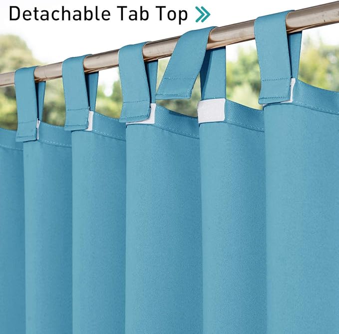 NICETOWN Outdoor Curtains for Patio Waterproof Set of 2, Thermal Insulated Detachable Sticky Tab Top Room Darkening Great Vertical Drape Outdoor Divider for Pergola, W52 x L108, Teal Blue