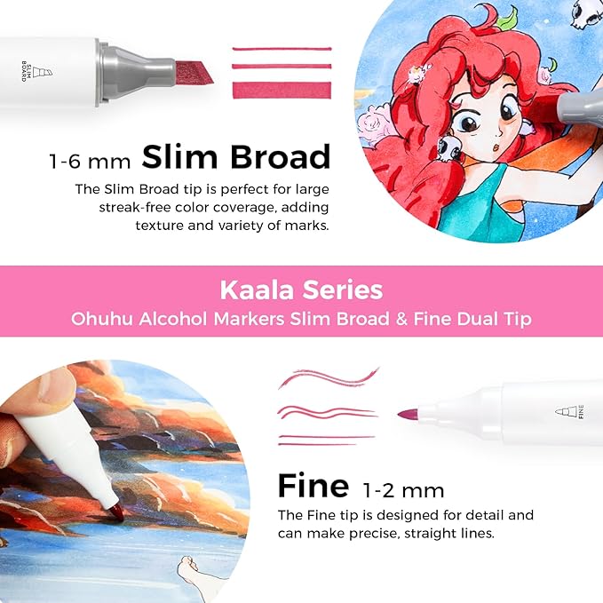 Ohuhu Alcohol Markers: 60 Colors Slim Broad and Fine Double Tipped Kaala Marker for Artists Adults Coloring Drawing Cartoon Anime Comic - Professional Art Pens with Ink Refillable Giftable Pen Set