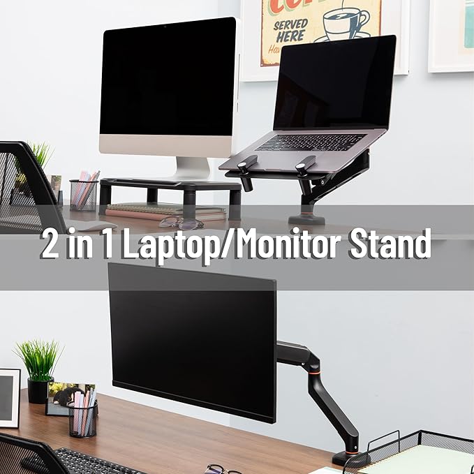 Mind Reader Gas Spring Laptop Desk Mount, Fits 11.6–17.3" Laptops or Monitors, 180° Rotate, 13.2 lb Capacity, Single Arm with Integrated Cable Management, Adjustable Tilt/Swivel, Black