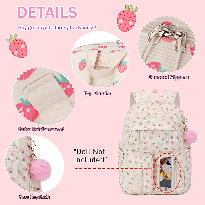 Corduroy Strawberry Backpack for Girls Teens School Bookbag with Lunch Box Pencil Case Laptop Sleeve Elementary Middle School Bag, Straberry-Pink