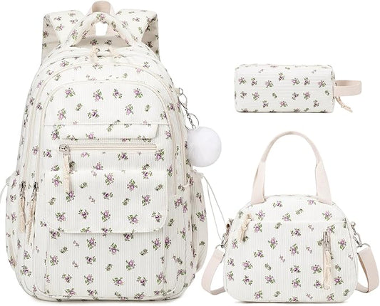 Bevalsa Backpack for Gilrs, 3PCS Corduroy Kids Backpack Set with Lunch Box & Pencil Pouch, Bookbag Daypack Laptop Bag for Women Teens Elementary Middle High School