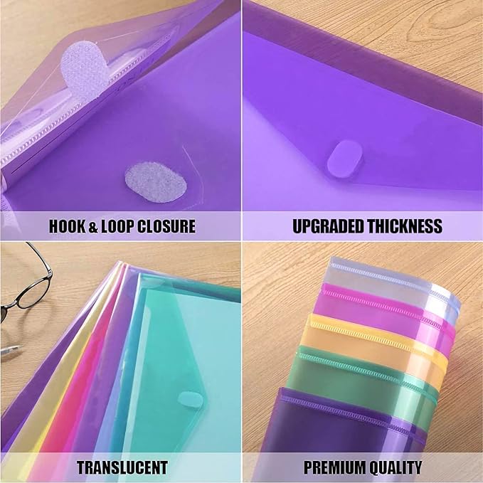 Sooez 32 Pack Plastic Envelopes Poly Envelopes, HeavyDuty File Folders, Clear Folders with Pockets, Folders for Documents Letter A4 Size, Filing Folder Paper Storage, Office School, 8 Colored