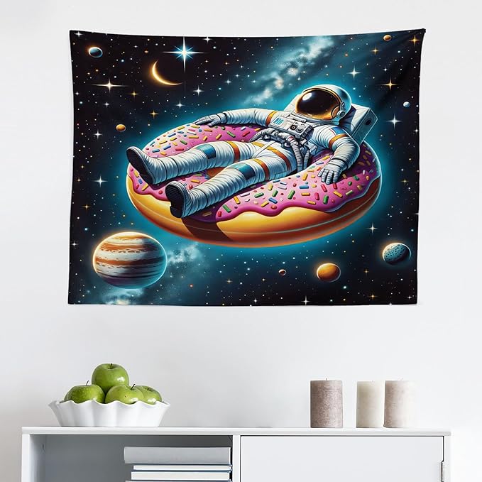 Ambesonne Funny Astronaut Tapestry, Spaceman Floating on a Donut Through the Galaxies Planets Moon, Fabric Wall Hanging Decor for Bedroom Living Room Dorm, 28" X 23", Petrol Blue Pink Orange