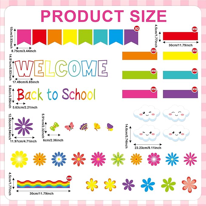3D Back to School Bulletin Board Set Welcome Rainbow Classroom Decorations Classroom Flower Paper Cutouts for Cloud Paper Streamers Chalkboard Wall Door Decor Teacher Supplies
