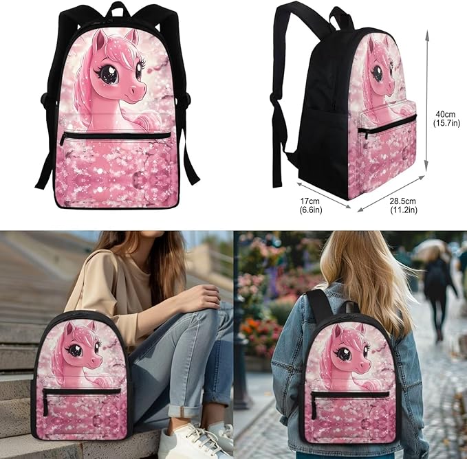 Cherry Blossom Horse Backpack for Kids Girls School Bag Set with Lunchbox Pencil Case Water Bottle Sleeve Elementary Kindergarten Preschool Bookbag Travel Daypack