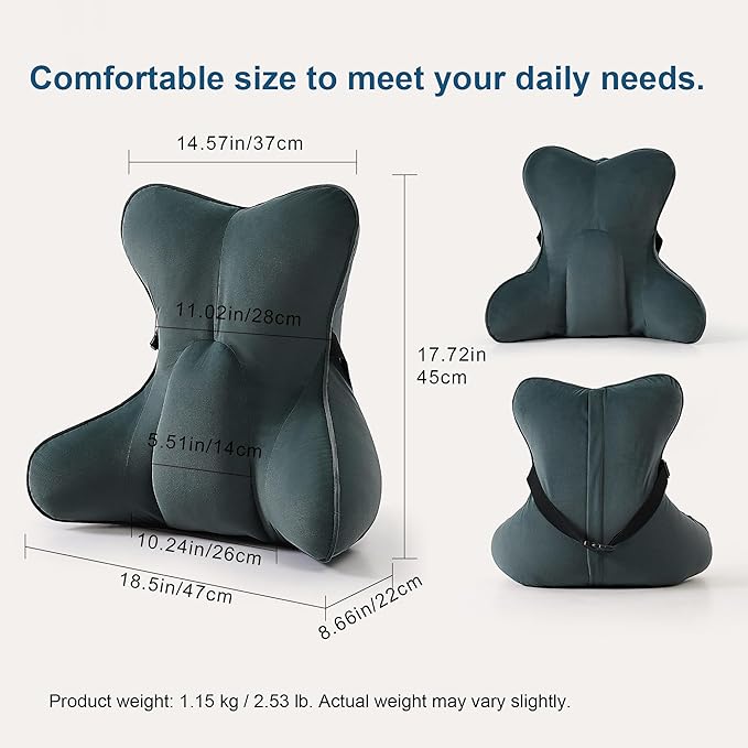 Lumbar Support Pillow(Pat. Pend) for Lower Back Pain Relief – Multi-Functional Ergonomic Lumbar Cushion, Reading Pillow for Office Chair, Car Seat & Sofa,Charcoal Gray