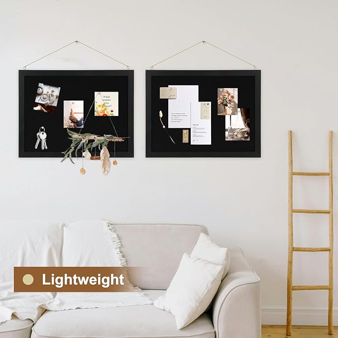 2-Pack Double-sided Black Cork Board with Linen, 16" x 12" Hanging Wood Framed Small Bulletin Board, Picture Display Vision Board Kit Corkboards for Wall Room School Office Decor, 20 Pushpins