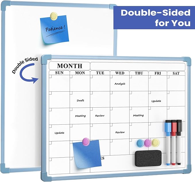 Blue Frame Whiteboard Calendar, 16" x 12" Dry Erase Board Calendar for Wall, Small Monthly Planner for Home, Office, School