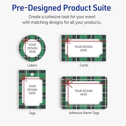 Avery Printable Christmas Adhesive Name Badges, Rectangle, 2-1/3" x 3-3/8", Pre-Printed Green & Metallic Silver Plaid with Red Bow Design, Matte White, Laser & Inkjet Compatible, 80 Total
