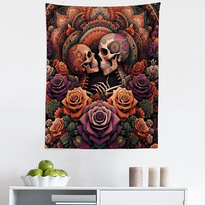 Ambesonne Hippie Tapestry, Mystic Rose Flowers and Oriental Mandala Skeleton Lovers Goth Art Skulls, Fabric Wall Hanging Decor for Bedroom Living Room Dorm, 23" X 28", Vermilion Dark Magenta
