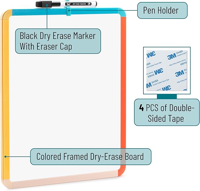 Mr. Pen- Dry Erase Board, 14” x 11” with a Black Dry Erase Marker, Colorful Frame, Small White Board, White Board for Kids