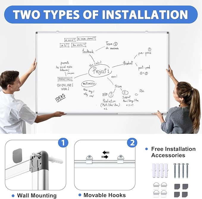 WALGLASS Large Whiteboard, 48" x 36" Double-Sided Large Dry Erase White Board for Wall, Hanging Whiteboard with Silver Aluminium Frame for Home, School, Office, Kitchen
