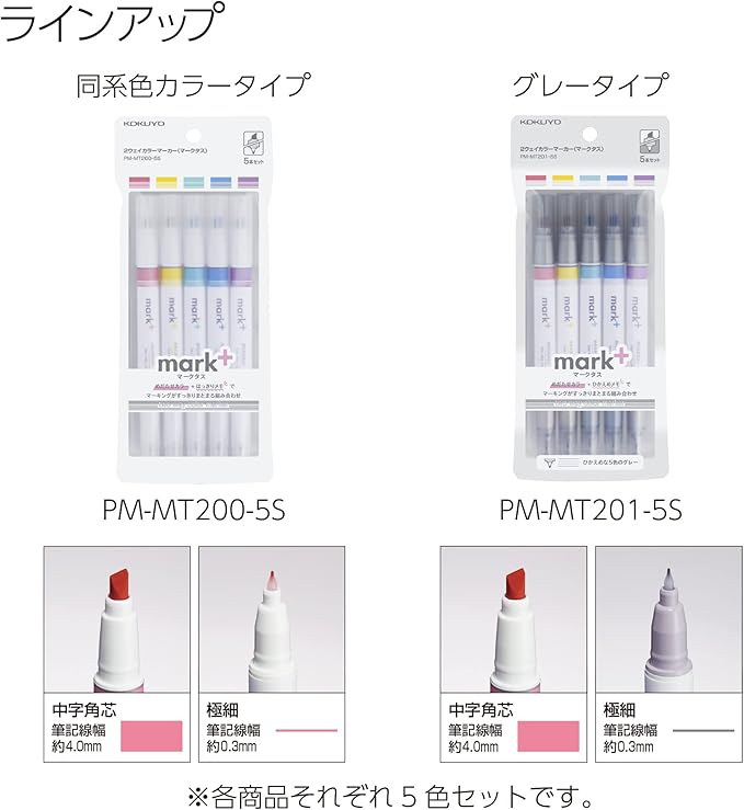 KOKUYO Pastel Highlighters, Dual-Tip Highlighter Markers for Bible in Assorted Colors, Fine & Chisel Tip No Bleed Quick-Dry for Journals, Planners, Notes, Pastel Colors. Japan Import (PM-MT200-5S)