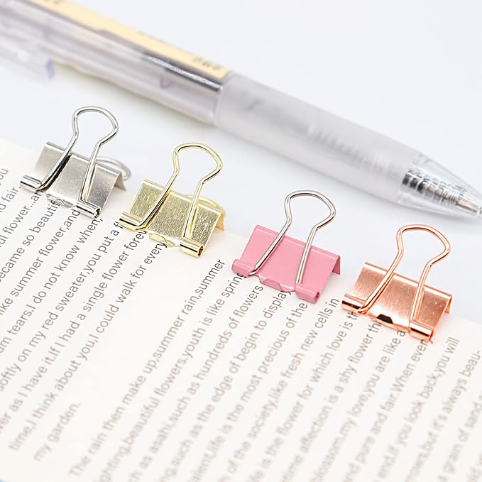 Rose Gold Binder Clips, Mini Paper Clip, Small Paper Clamps 15mm (5/8 inch), 100 Pack Micro Size Office Clips for Home School and Business (Rose Gold)