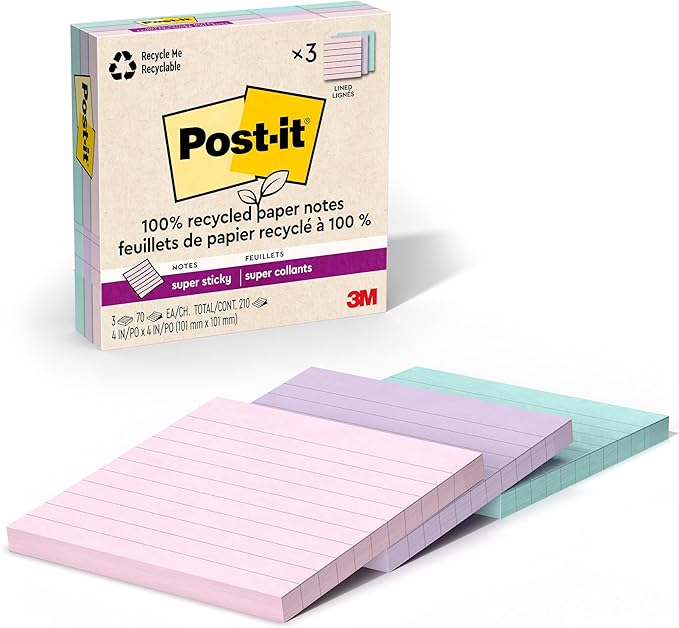 Post-it 100% Recycled Paper Super Sticky Notes, 2X The Sticking Power, 4x4 in, Lined, 3 Pads, 70 Sheets/Pad, Wanderlust Pastels Collection (675R-3SSNRP)