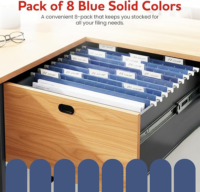 Blue Hanging File Folders – 8 Pack, Letter Size File Organization Folders for Home, Office, School & Filing Cabinets