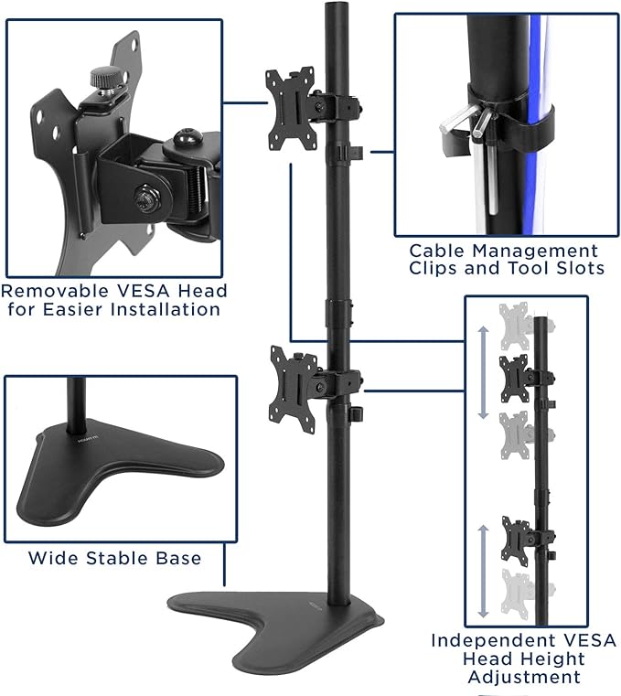 Mount-It! Vertical Dual Monitor Stand, Stacked Desk Mount Fits Two 13–32 Inch Screens up to 17.6 lbs Each, Height Adjustable Free Standing Pole with Tilt Swivel Rotate, Ergonomic VESA Riser, Black